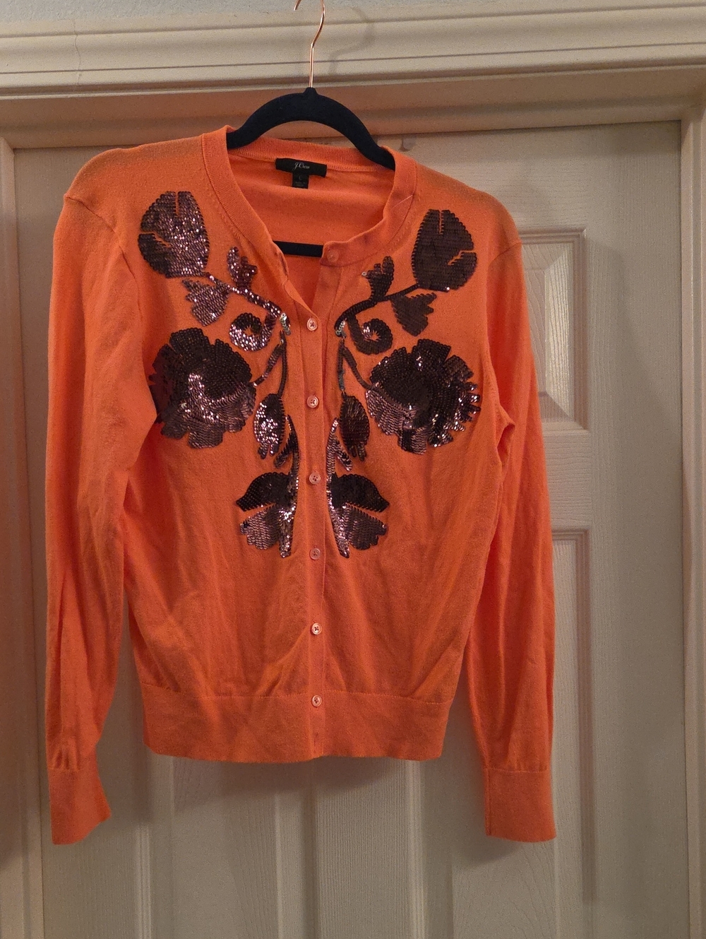 J. Crew Sequin Floral Embroidered Jackie Cardigan Sweater Coral/Peach Size L